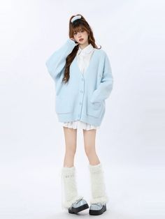 ❤cream blue loose rib knit cardigan❤︎ Blue Kawaii Clothes, White And Blue Outfits For Women, Knitted Jacket Outfit, Knit Jacket Outfit, Blue Cardigan Outfit, Oversized Cardigan Outfit, Blue Outfit Winter, White And Blue Outfit, Baby Blue Outfit