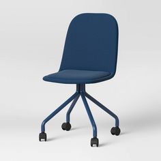 a blue office chair with wheels and casteors on an isolated white background, viewed from the front