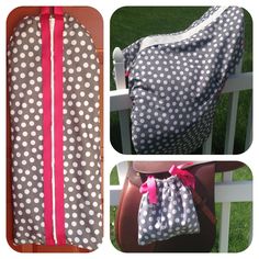 two pictures show the inside of a polka dot bag, and an image of a handbag on a chair