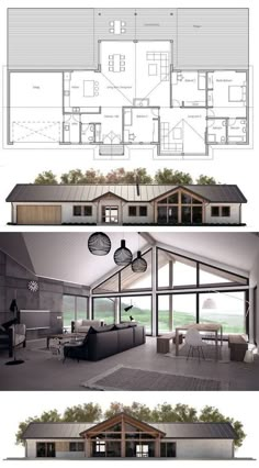 three different views of the inside and outside of a house, one with an open floor plan