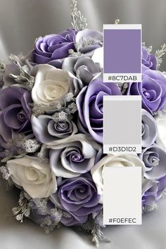 a bridal bouquet with purple and white flowers on it, the color is lila