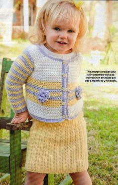 Description: This preppy cardigan & skirt ensemble will look adorable on an infant girl age 6 months to 24 months. Yarn/ thread & hook required: Bernat Softee Baby light worsted weight yarn, F & G hooks. Finished Size: 6-24 months. Skill level: Intermediate. Pattern for sale, not finished product. Pattern was removed from a previously owned book or magazine & is the original pattern (NOT a copy).  ___________________________________________________________________________          WANT TO SEE MO Preppy Baby, Crochet Pattern Instructions, Crochet Toddler, Crochet Girls, Prep School, Crochet Baby Clothes, Crochet Baby Dress, Crochet Square