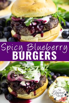 two burgers with blueberry sauce and lettuce on them