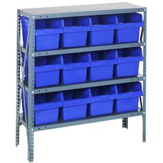 a metal shelving unit with blue bins