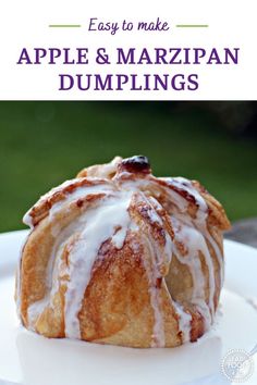 an apple and marzipan dumpling on a plate with the title overlay