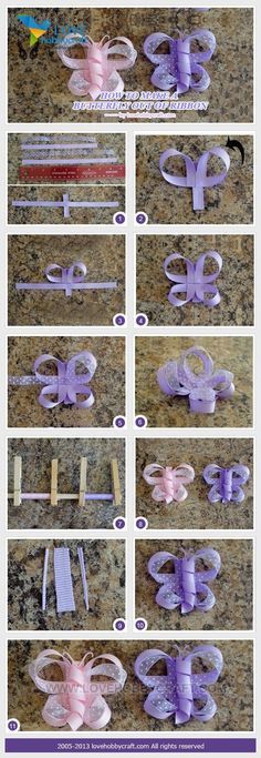 the instructions for how to make an origami butterfly with ribbon and paper strips