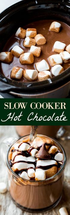 slow cooker hot chocolate with marshmallows in the center and on top