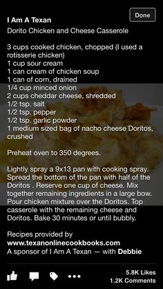 the recipe for chicken and cheese casserole is shown in an iphone screen shot