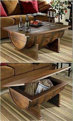 two pictures of a coffee table with an open drawer underneath it and the bottom is empty