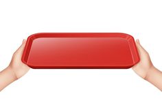 two hands holding a red tray on a white background