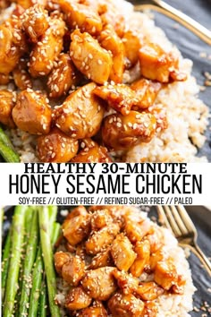 healthy 30 - minute honey sesame chicken served over rice with asparagus