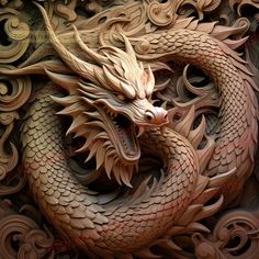 an intricately carved wooden dragon on display