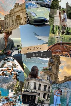 a collage of photos with people, cars and buildings in the background that says vision board