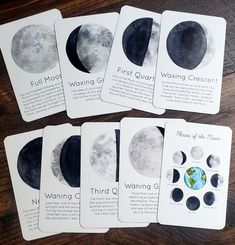 five cards with different phases of the moon on them, all in black and white