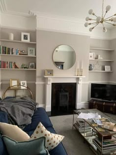 a living room filled with furniture and a fire place in front of a tv mounted on a wall