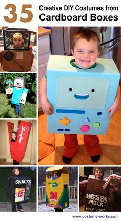 a young boy holding up a cardboard box shaped like a cube with a face on it