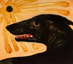 a painting of a black dog with sunflowers on it's head