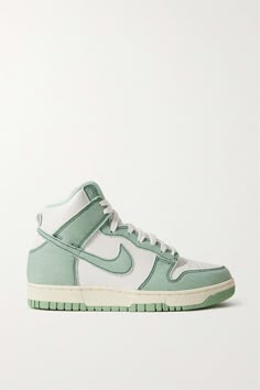 Dunk 1985 topstitched denim and leather high-top sneakers High Top Nike, Nike Collection, Preppy Shoes, Nike High Tops, Denim Sneakers, Baskets Nike, Cute Nike Shoes, Green Sneakers, Nike Dunk High