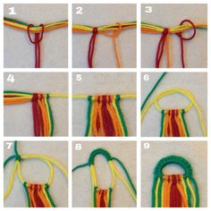 the instructions for how to crochet are shown in different colors and sizes, including red, yellow, green, orange, and white