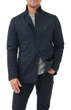 Made for the on-the-go guy, rain or shine, this blazer-inspired cotton-twill jacket has a water-resistant finish to protect from the unexpected. Innovative insulation warms the core without overheating. 31" length (size Medium) Hidden front-zip closure Notched lapels Long sleeves Chest zip pocket; button-flap welt pockets Interior drawstring Soft-touch taffeta lining 100% cotton Machine wash, dry flat Imported Mens Outerwear Jacket, Cotton Twill Jacket, Classy Outfits Men, Man Blazer, Mens Outdoor Jackets, Travel Jacket, Classy Men, Mens Casual Dress Outfits, Twill Jacket