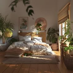 a bedroom with lots of plants in the corner