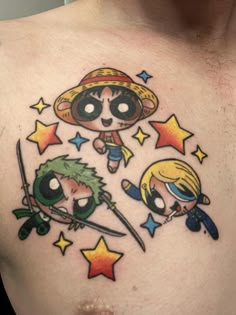 a man with tattoos on his chest has an image of two cartoon characters and stars