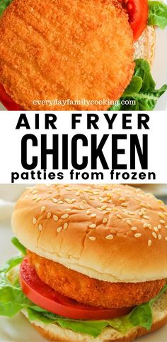 chicken patties on a bun with lettuce and tomato in the middle, and air fryer chicken patties from frozen