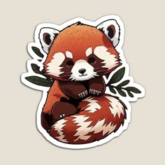 a red panda bear sitting on top of a tree branch with leaves around it's neck