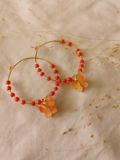 Hoop Earrings with Orange Beads and Butterflies  | Gold | Jewelry Earrings | Handmade | Fall | Gift Present | Cute | Simple Summer Orange Hoop Jewelry, Orange Beaded Hoop Earrings, Orange Hoop Earrings With Colorful Beads, Adjustable Orange Hoop Earrings, Orange Flower-shaped Adjustable Earrings, Orange Butterfly, Gold Jewelry Earrings, Fall Gifts, Colorful Jewelry