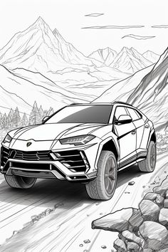 a drawing of a lamb suv driving down a mountain road