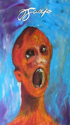 a painting of a man with his mouth open in front of the words, stop