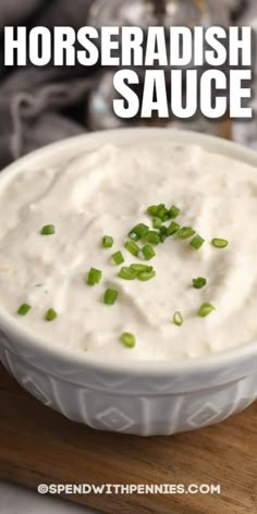 horseradish sauce in a white bowl on a cutting board with text overlay