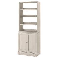 a white bookcase with two doors and shelves