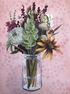 a painting of flowers in a glass vase on a pink background with leopard print wallpaper