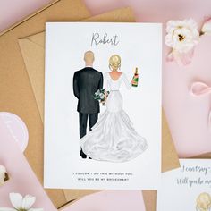 a wedding card with an illustration of a bride and groom holding champagne bottles, on top of pink flowers