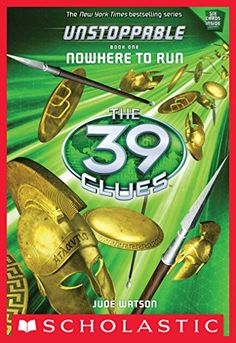 the 39 clues book cover with gold golf clubs and golden balls on green grass, in front of a red background