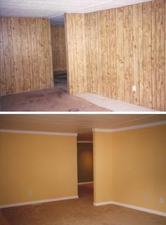 an empty room with wood paneling on the walls and carpeted floor in front of it