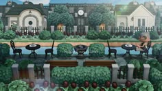 an animated image of people sitting at tables in front of a large house with trees and bushes