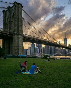 two people are sitting on the grass in front of a bridge and some tall buildings