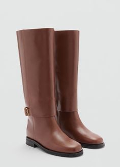 Leather boots with decorative buckle - Women | MANGO USA Square Toe Leather Boots, Clear Boots, Fashion Cowboy Boots, Platform Chelsea Boots, Chelsea Rain Boots, Lug Sole Boots, Leather Boot, Boots Fall, Brown Leather Boots