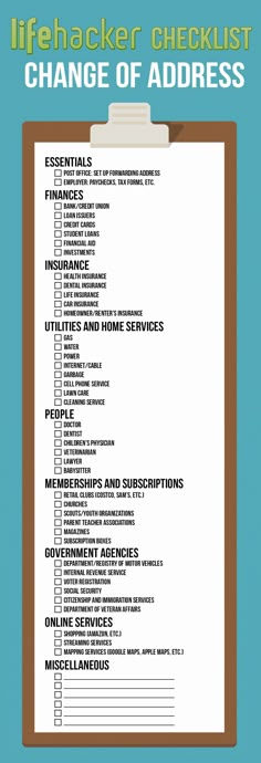 a clipboard with the words lifehacker checklist change of address