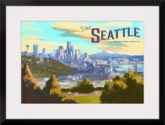 the seattle skyline is shown in this framed art print, which features an image of the city