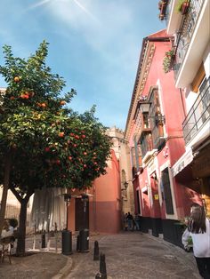 an orange tree is growing in the middle of a street with people sitting at tables