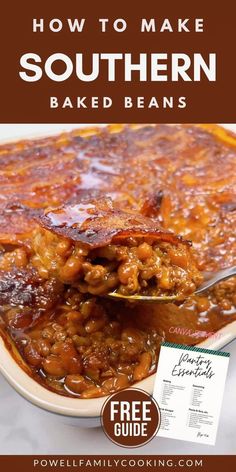 the recipe for southern baked beans is shown on top of a plate with a spoon