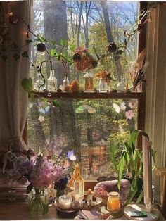 a window sill filled with lots of vases and flowers on top of a table