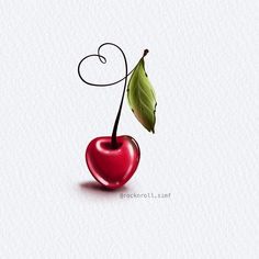 a cherry with a green leaf on it