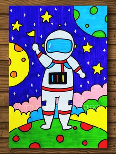 a painting of an astronaut standing in front of the moon and stars