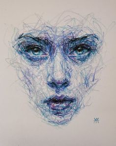 a drawing of a woman's face with blue and purple lines on the upper half of her face