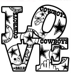 the word love is written in black and white with cowboys logos on it's letters