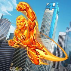 the flash is flying through the air in front of tall buildings